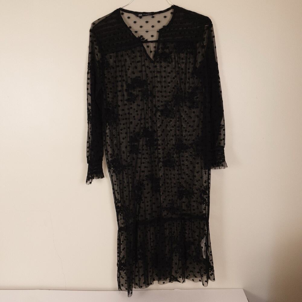 Zara Sheer Black Midi Dress Polka Dot Embroidery Ruffled Long Sleeve Witchy Goth